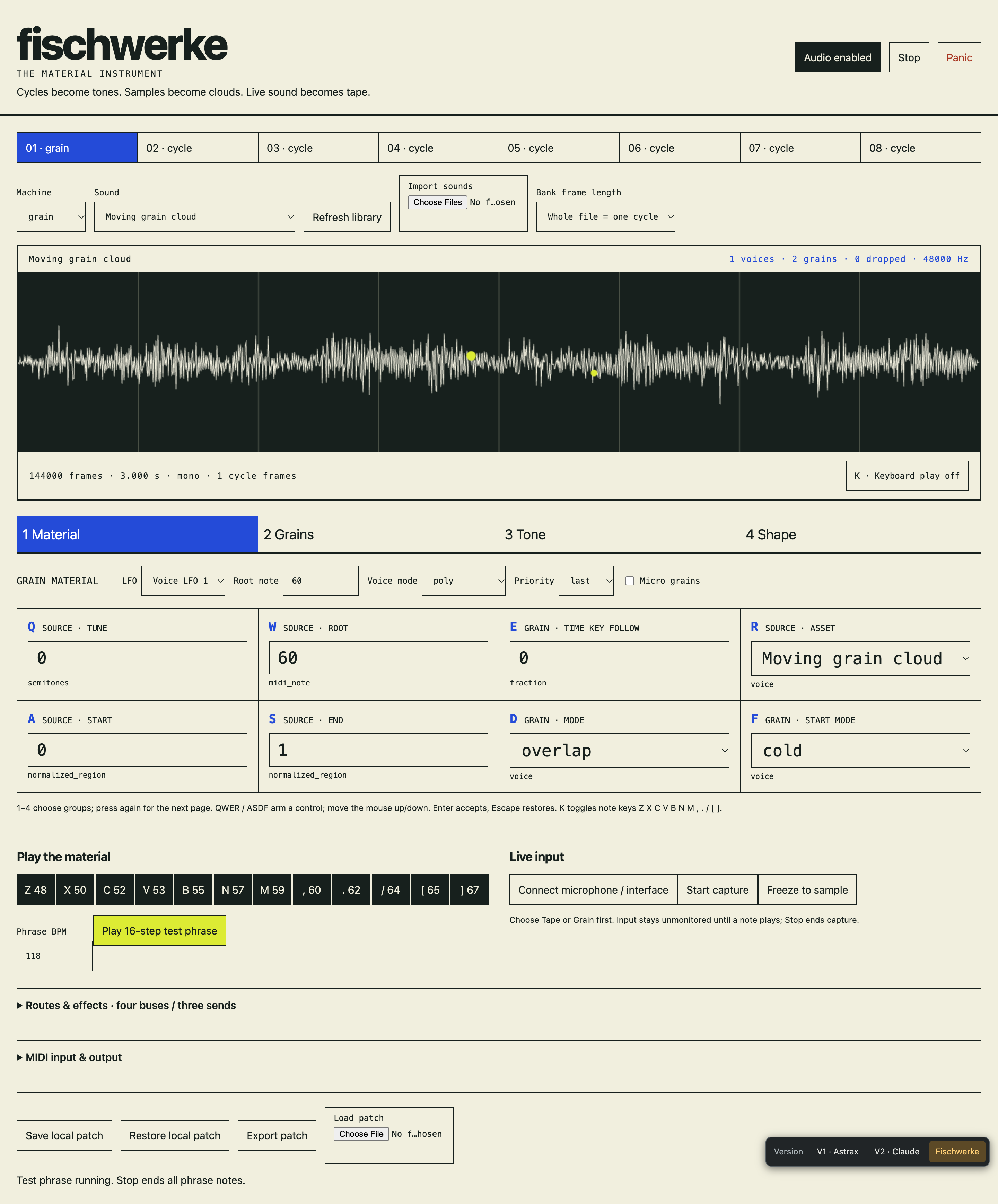 Fischwerke running with its material view, tracks, parameter controls, and routing