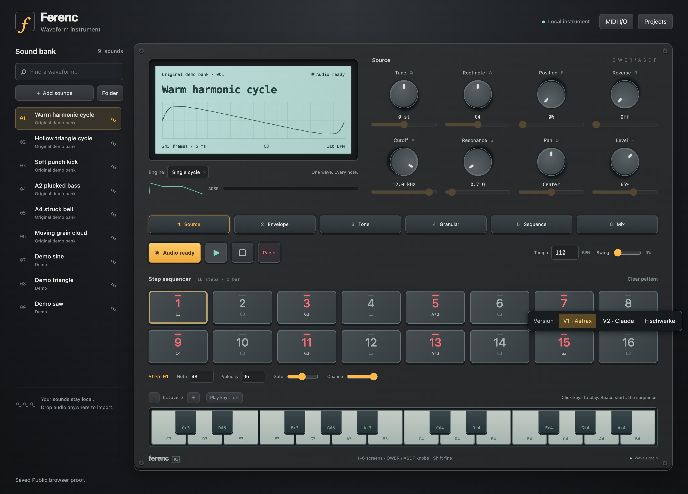 Astrax browser instrument with waveform display, eight controls, and a step sequencer