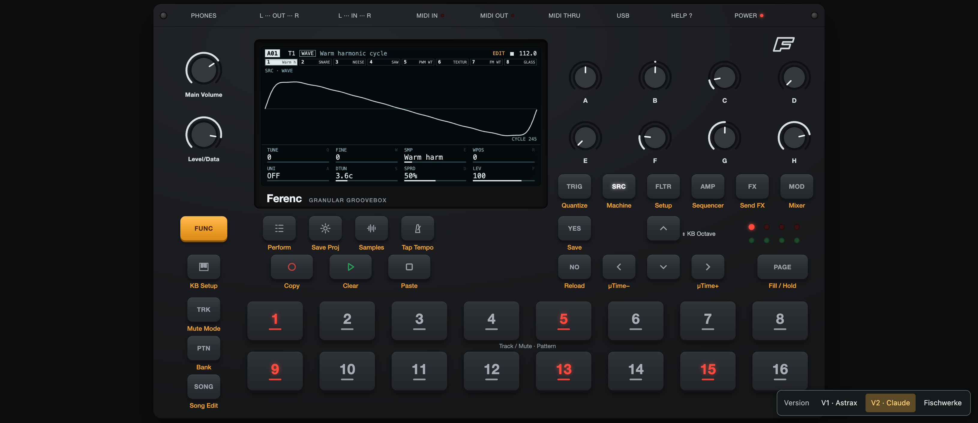 Claude groovebox with its display, encoders, track controls, and sequencer
