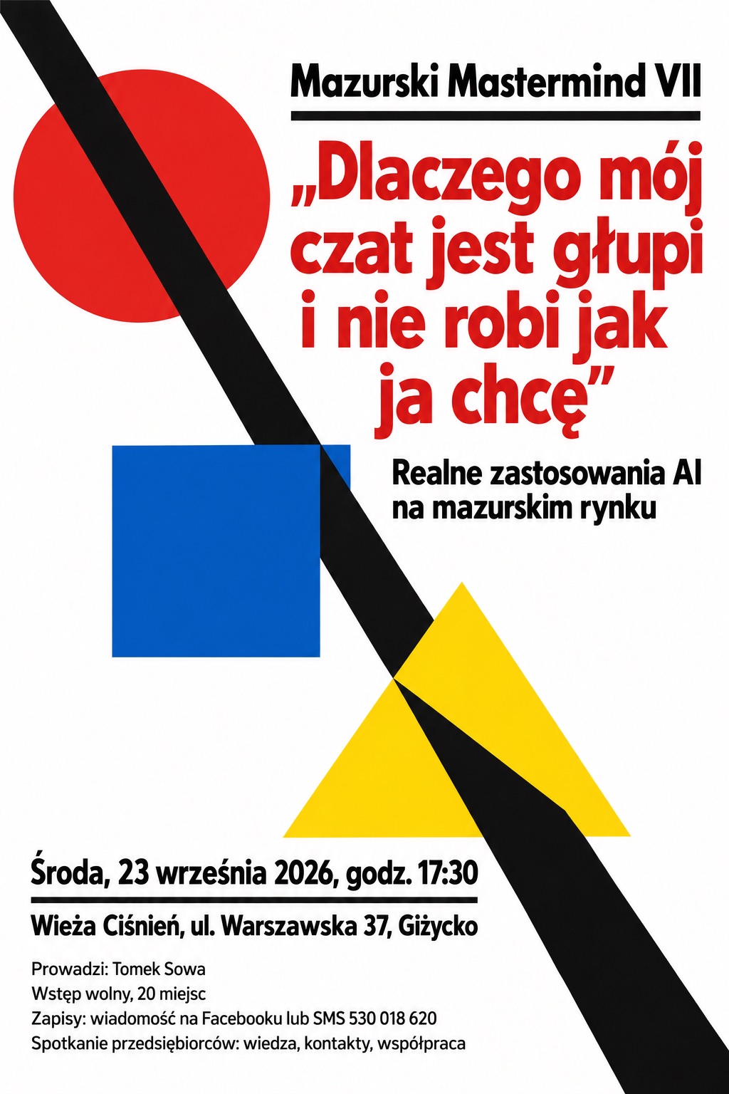 Plakat Mazurski Mastermind VII w stylu Bauhaus: czerwone koło, niebieski kwadrat, żółty trójkąt i czarna przekątna na białym tle