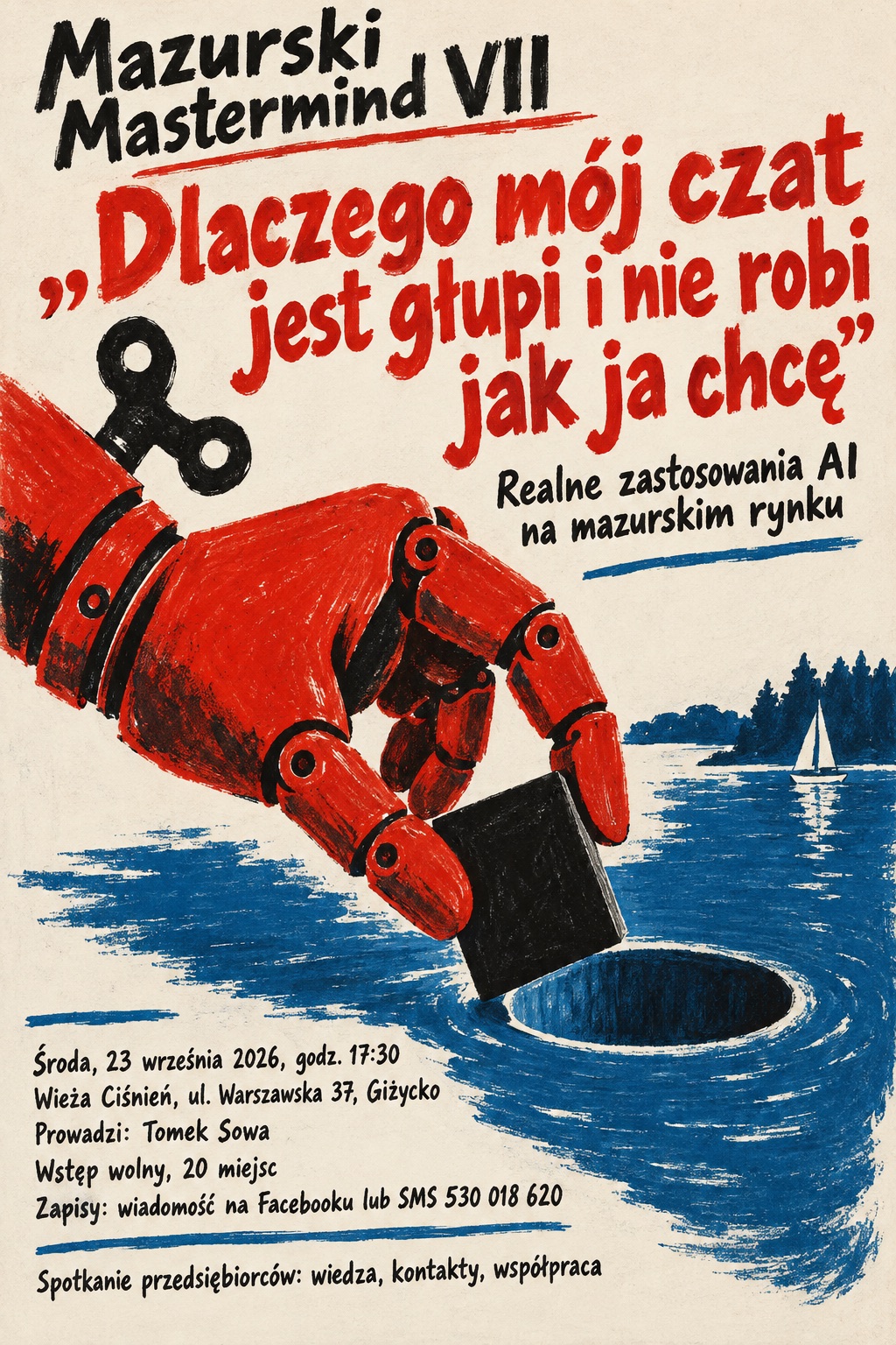Plakat Mazurski Mastermind VII w stylu Polskiej Szkoły Plakatu: czerwona, nakręcana kluczykiem ręka robota wrzuca czarne pudełko w wir na mazurskim jeziorze