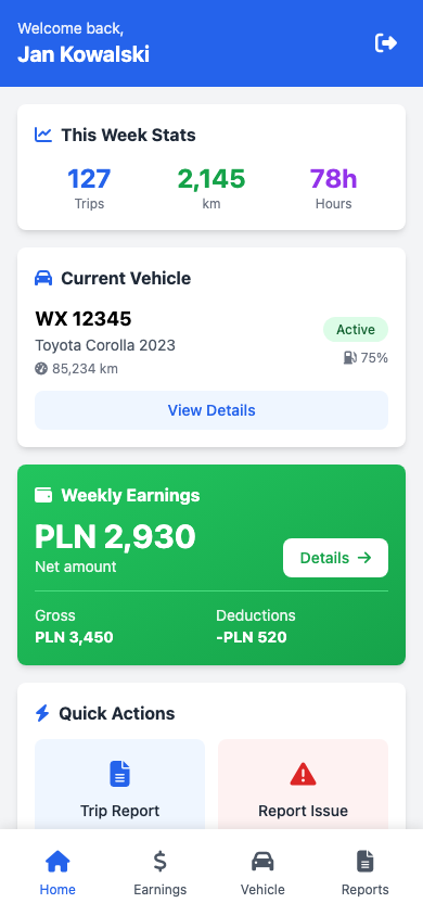 Aplikacja kierowcy - Dashboard