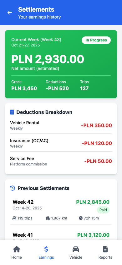 Aplikacja kierowcy - Rozliczenia